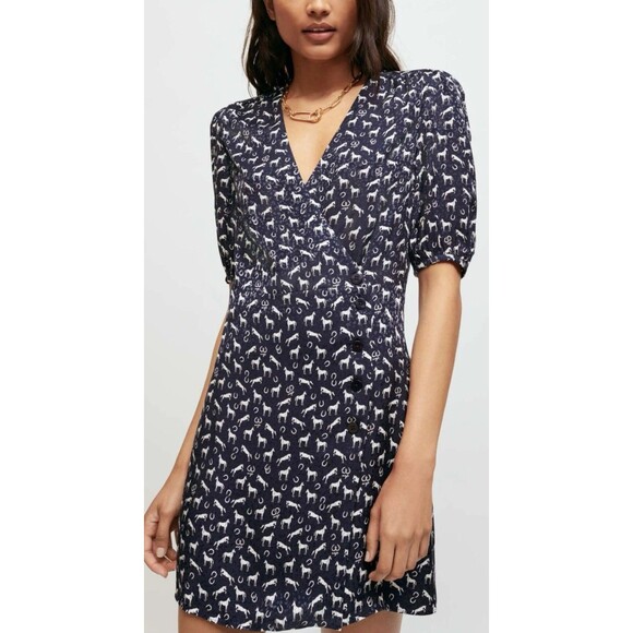 Maje Horse Print Jacquard Wrap Dress Navy Size 38 US 6 NWT $340 Equestrian Mini - Picture 1 of 11